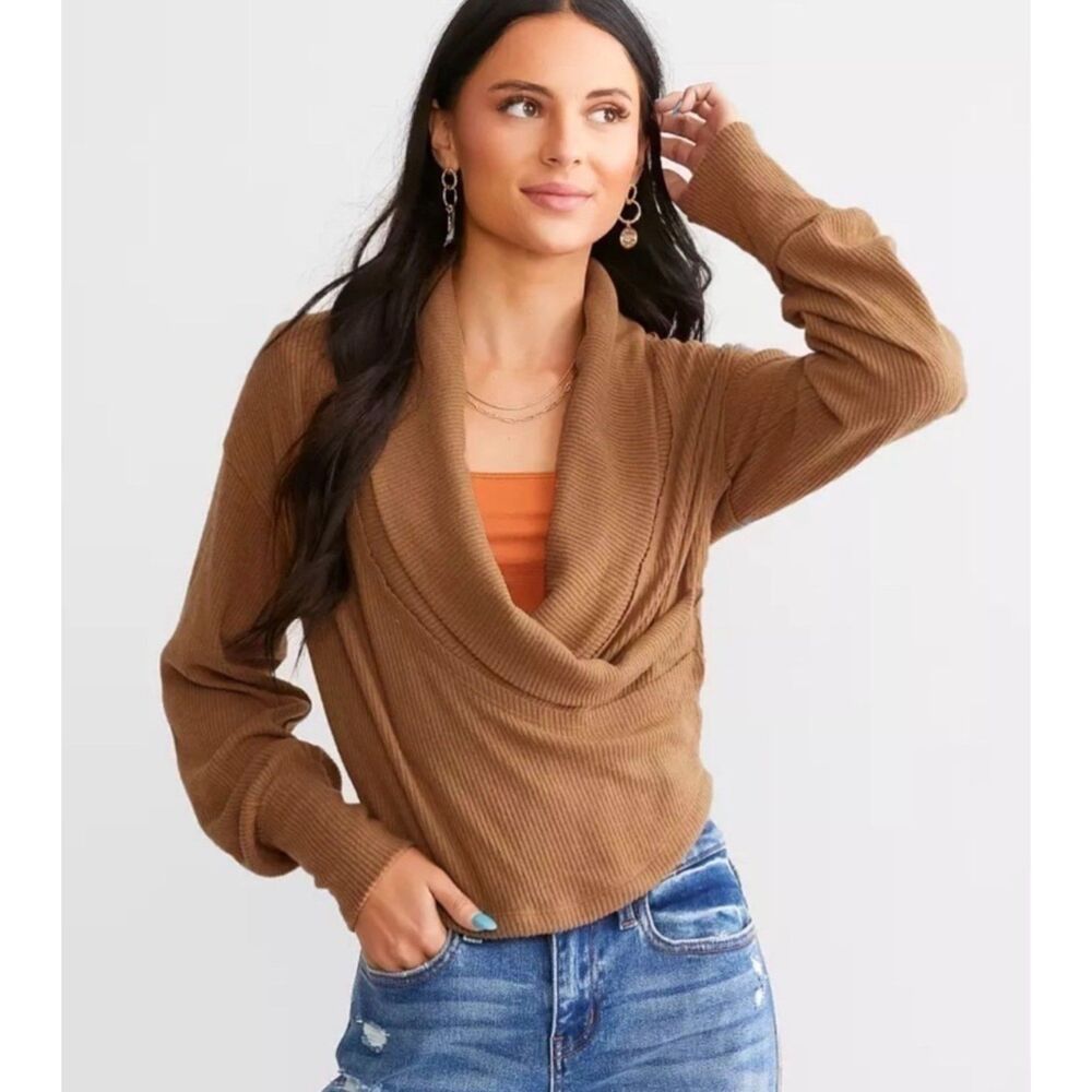 Free People We The Free Hold Me Close Pullover Draped CowlNeck WrapFront Sweater